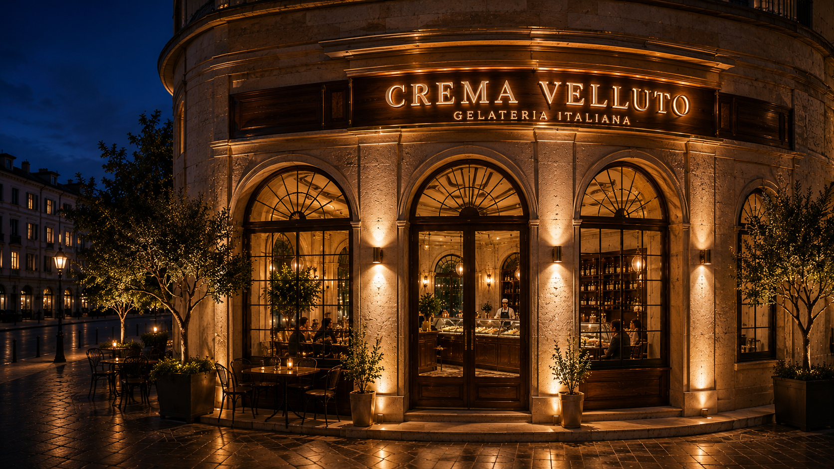 CREMA VELLUTO gelateria at blue hour — the counter lit in warm amber